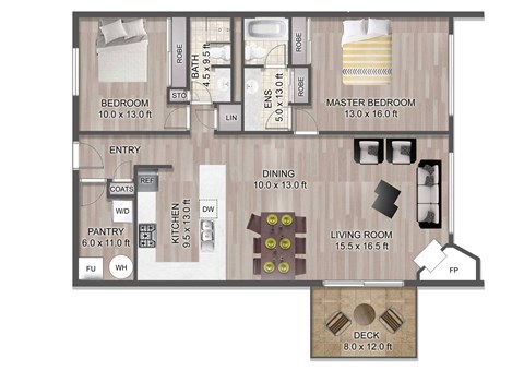 Floor plan for 2 beds, 2 baths, 1429 sqft